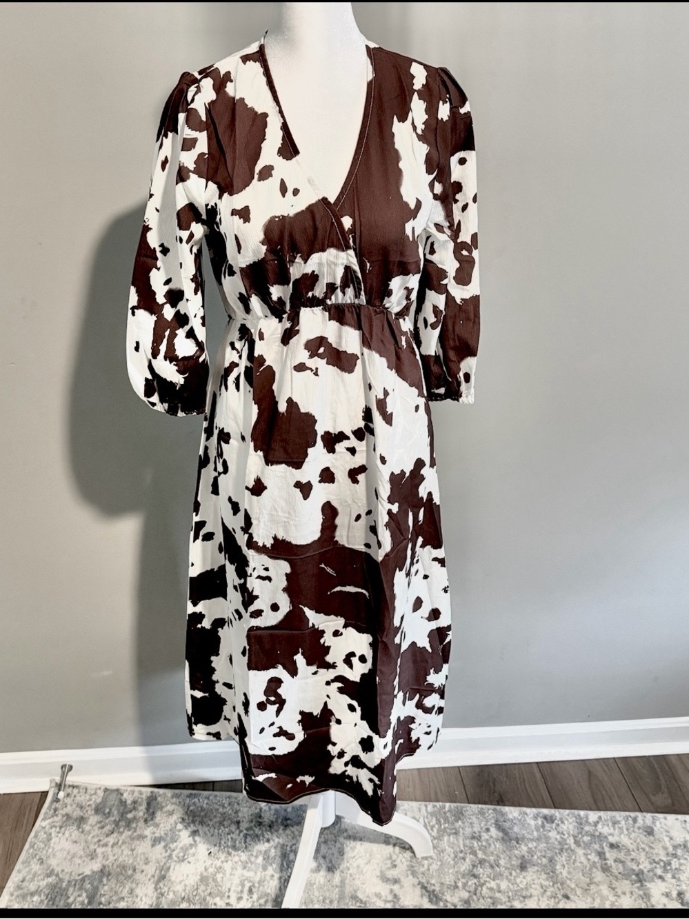 NWOT Cow Print Midi Dress Size Small V-Neck Empire Waist A-Line Fall Teacher